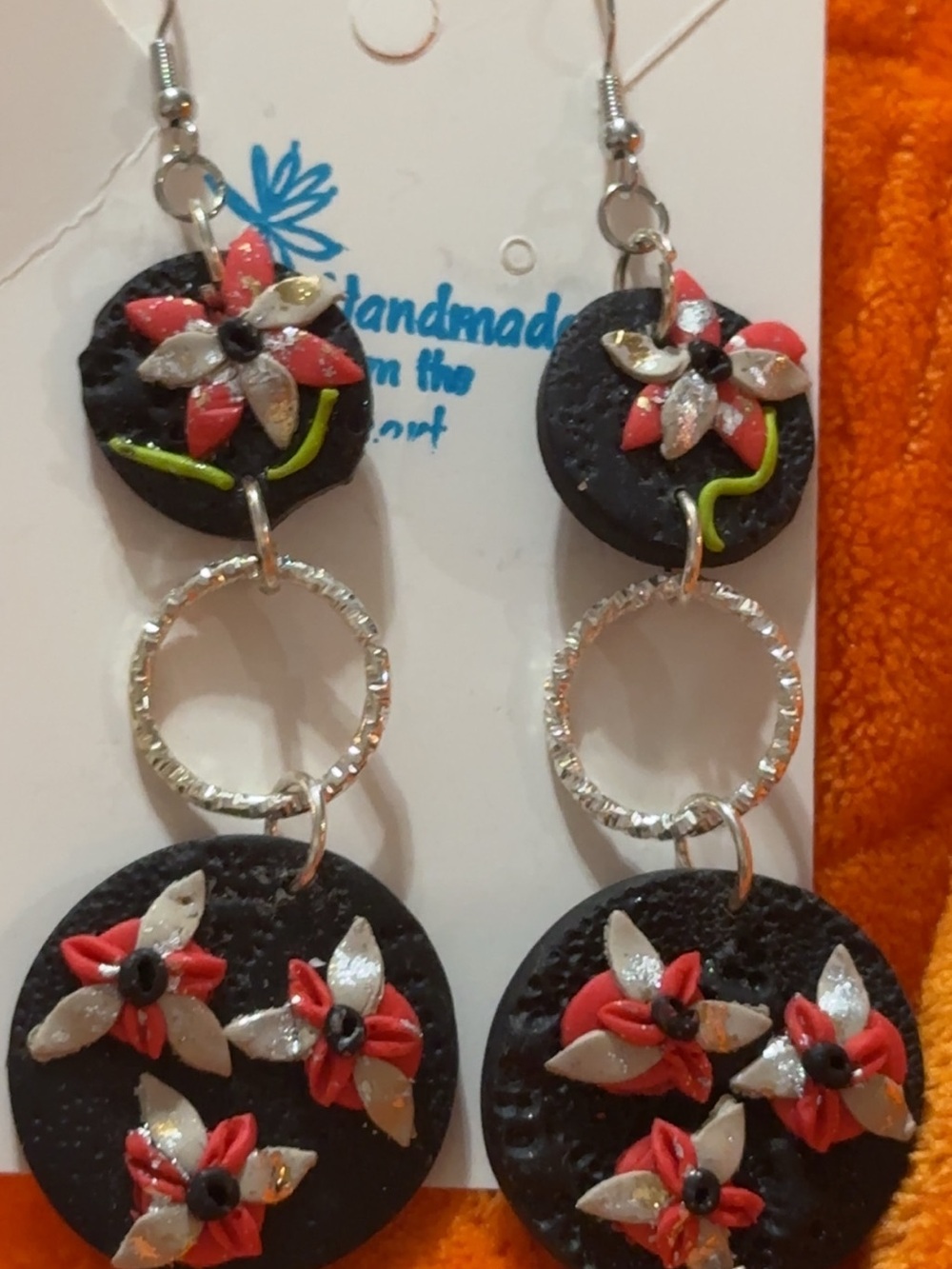 Handmade Black Earrings with Red & Silver Floral Accents